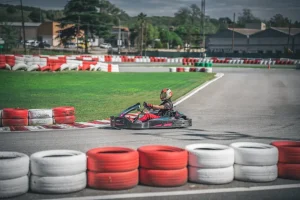 Competitive go-kart race underway at MB2 Raceway track